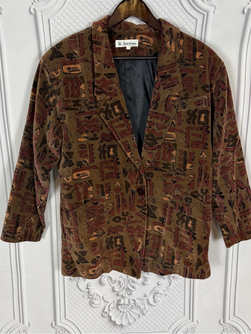 Vintage Bareuko High Fashion Velvet Blazer Brown Rust Abstract Tribal Print SZ L